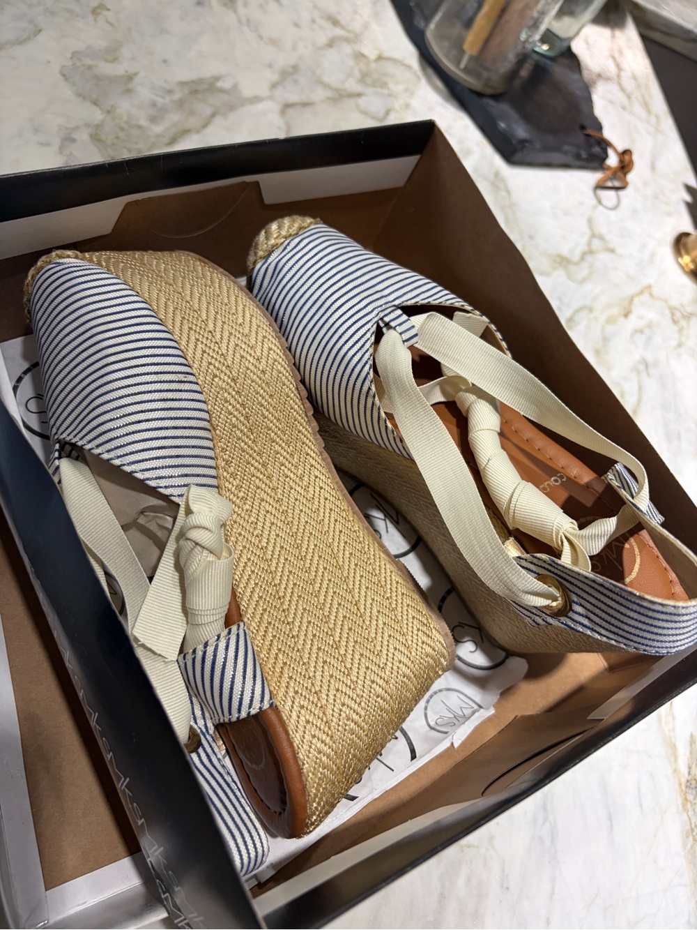 Striped Blue and Cream Espadrille Wedge Sandals with Ankle Ties